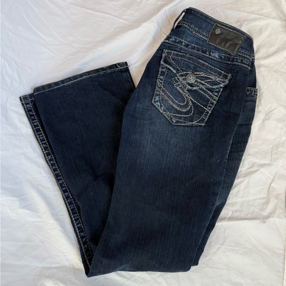 Silver Suki Surplus Bootcut Jeans Medium Wash Blue Flap Pocket Size 27x30